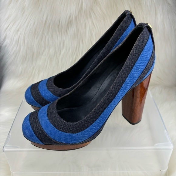 TORY BURCH JOELLE BLUE STRIPE WOOD PLATFORMS PUMPS - Picture 2 of 14